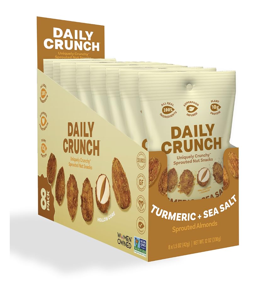 Daily Crunch, Turmeric and Sea Salt Sprouted Almonds, Minis (1.5oz, Pack of 8) - Savory Spices, Sea Salt and Turmeric, Sprouted 