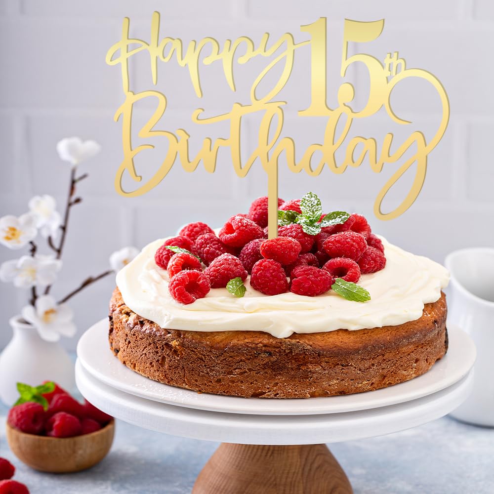 Mirrored Gold Acrylic 15th Birthday Cake Topper - Durable Party Decorations, 'Hello 15' & 'Happy 15' Designs