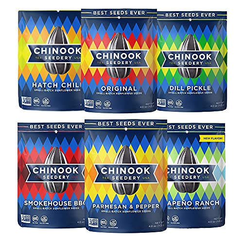 Chinook Seedery Flavored Sunflower Seeds Variety Pack of 6, 4oz - Sunflower Seeds to Eat - Keto, Low Sodium, Jumbo, Roasted, Bas
