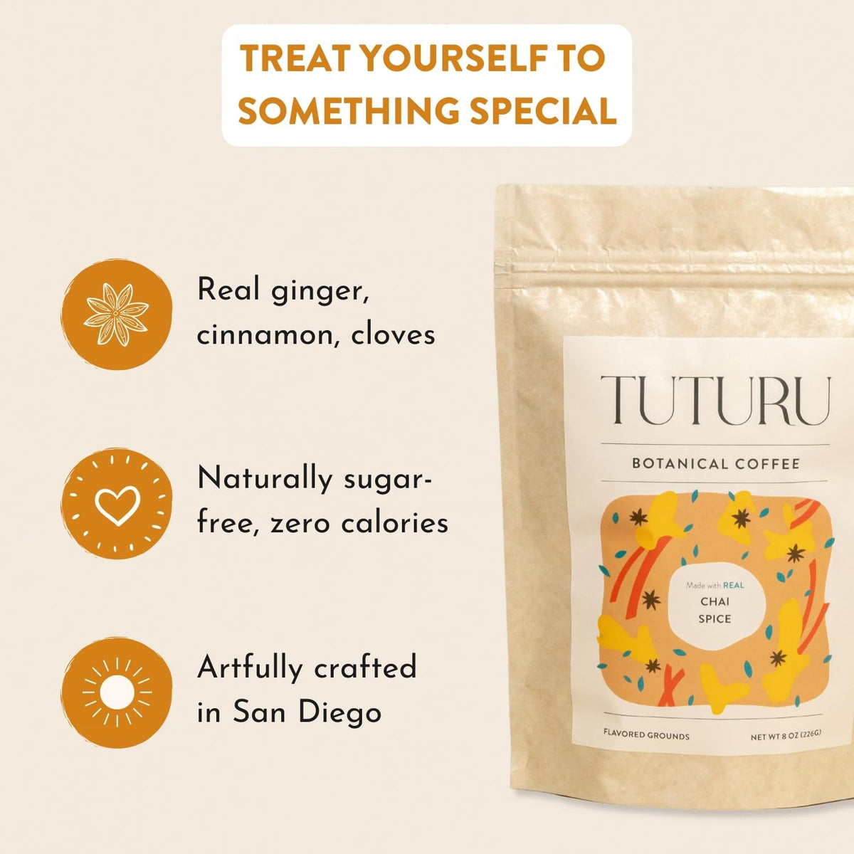 TUTURU Botanical Coffee Organic Dirty Chai Ground Coffee - Medium Roast - 8 oz, 22 Servings