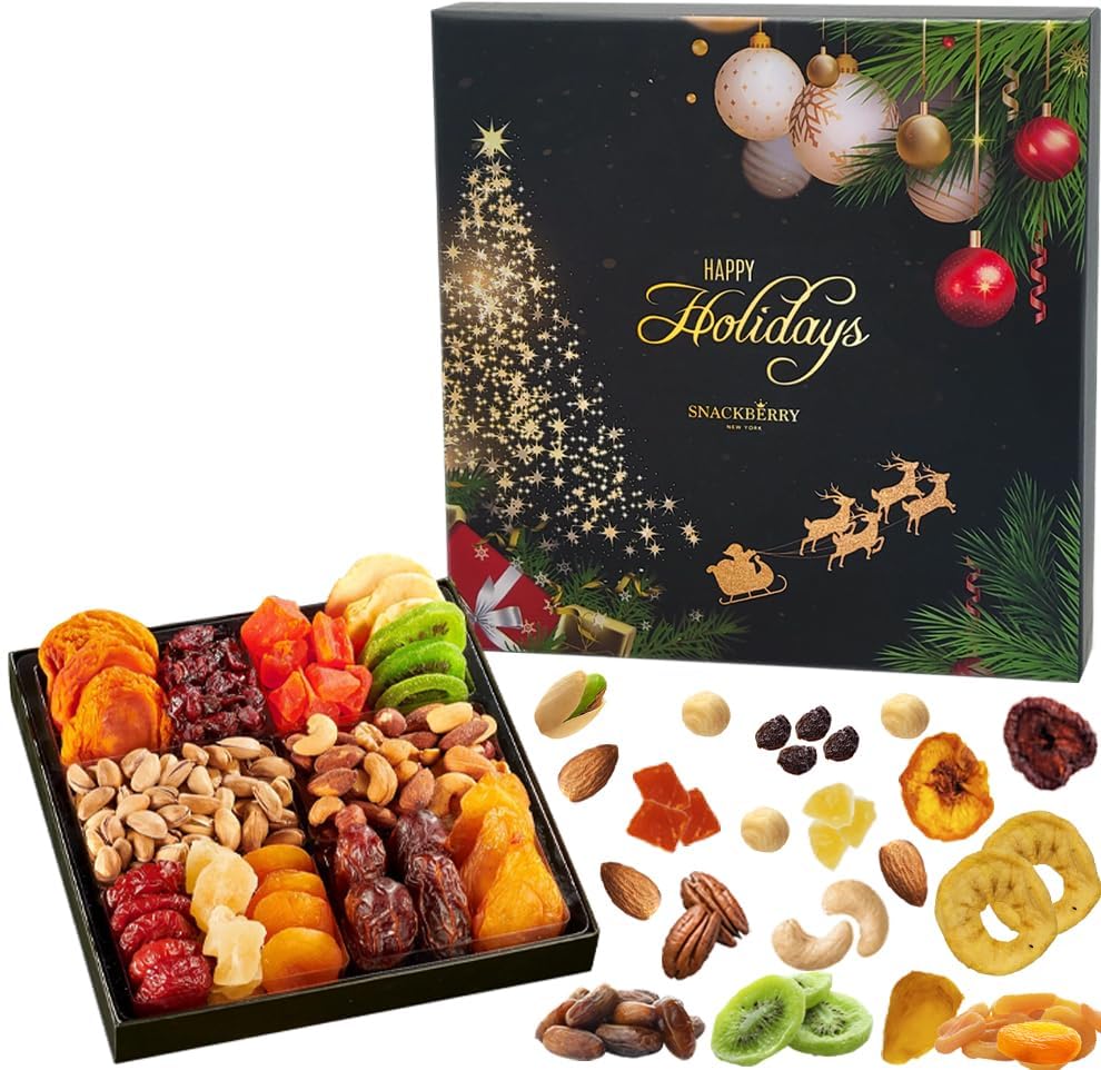 Christmas Dried Fruit & Nuts Gift Basket Arrangement Platter, Gourmet Food Snack Box, Healthy Kosher (3-Pack)
