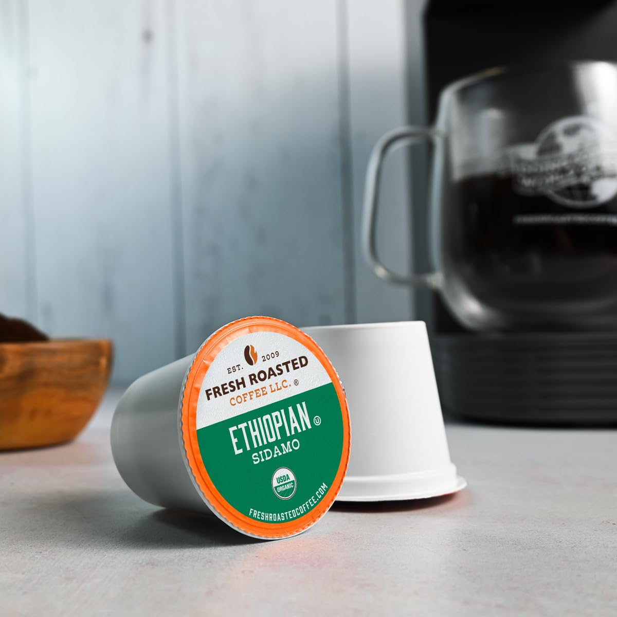 Fresh Roasted Coffee Organic Ethiopian Sidamo K-Cup Compatible 24 Pods Fair Trade Kosher Coffee
