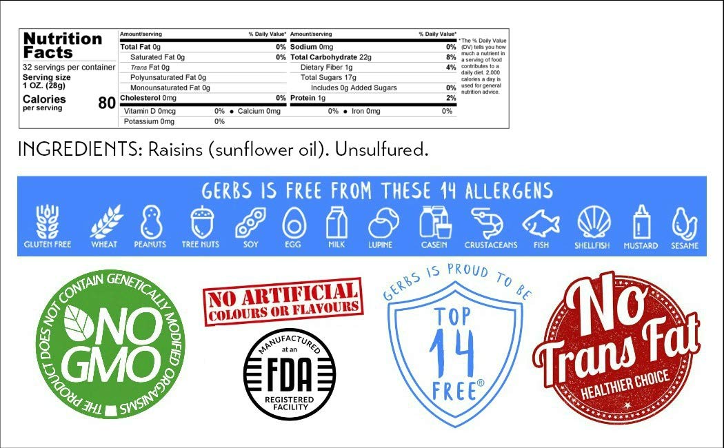 Gerbs Dried Raisins 2 lbs. | Unsulfured, No Additives, Resealable Bag | Naturally Sweet & Plump | Top 14 Allergen-Free