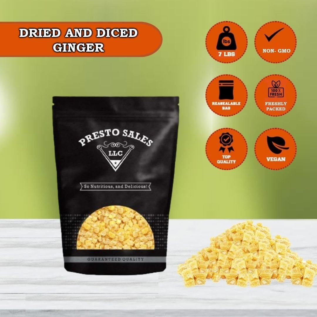 Presto Sales Crystallized Ginger Pieces 112 oz | Unsulphured Dried Candied Ginger 3-5 mm Pieces | All Natural, Non-GMO | Relieve
