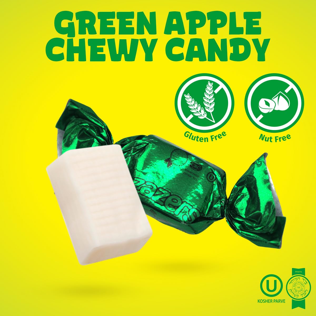 Zazers Green Apple Chewy Taffy Candy - 1-Pound Bag Of Zazers Fruity Foil Chewy Candy - Green Apple Flavor, Individually Wrapped,