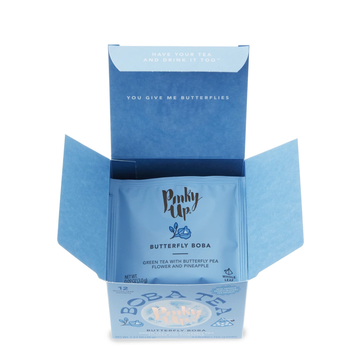 Pinky Up Butterfly Boba Tea Sachets - Low Calorie Whole Leaf Green Tea Bubble Tea - Boba Gift 12 Biodegradable Tea Bags