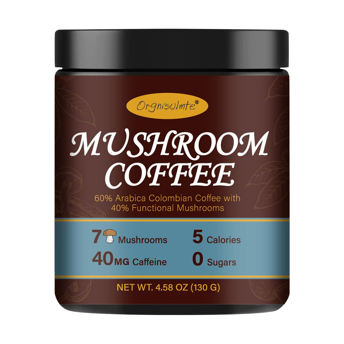 Orgnisulmte Premium Mushroom Coffee 4.58 Oz, Fresh Ground Colombian Instant Coffee With 7 Superfood Mushrooms Better Taste, Natu