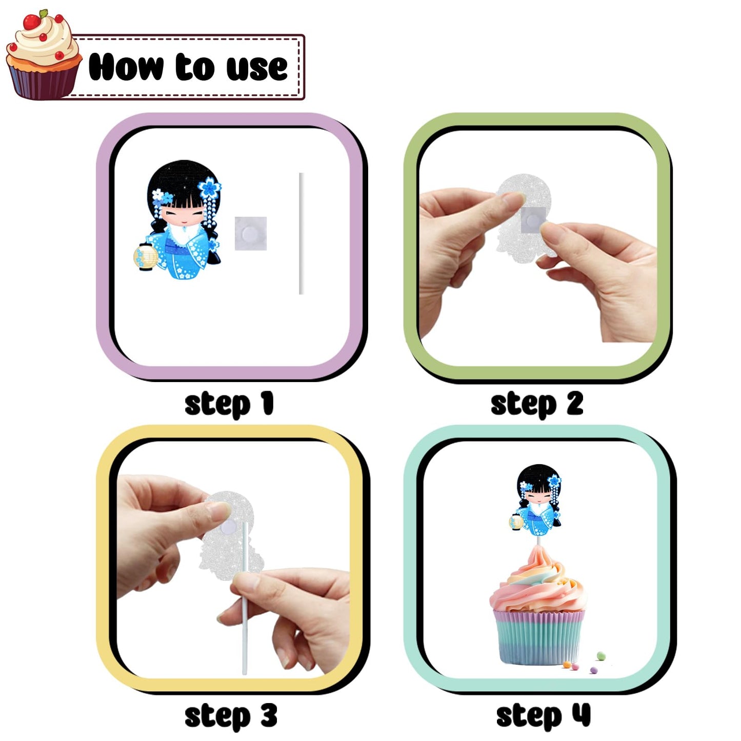 RedLeLe 18 PCS Japanese Cupcake Toppers, Kokeshi Doll & Cherry Blossom, Paper, Pink