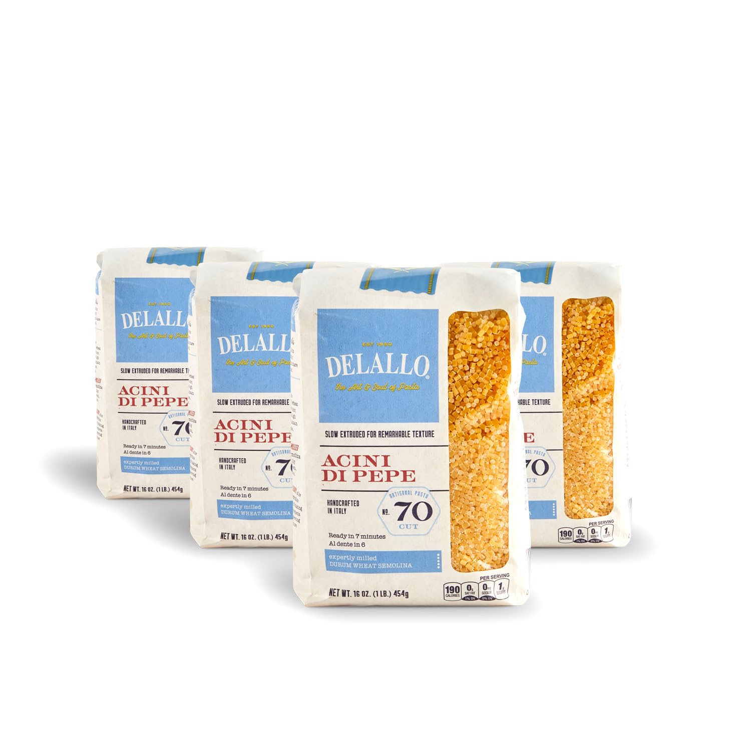Delallo Acini Di Pepe Pasta  Pastina Pasta Made In Italy  Made With Only 100% Duflavor Blend Wheat Semolina Flour  Non-Enriched  All Natural  Bronze Cut  Kosher  Non-Gmo  1 Pound Bag  (4 Pack)