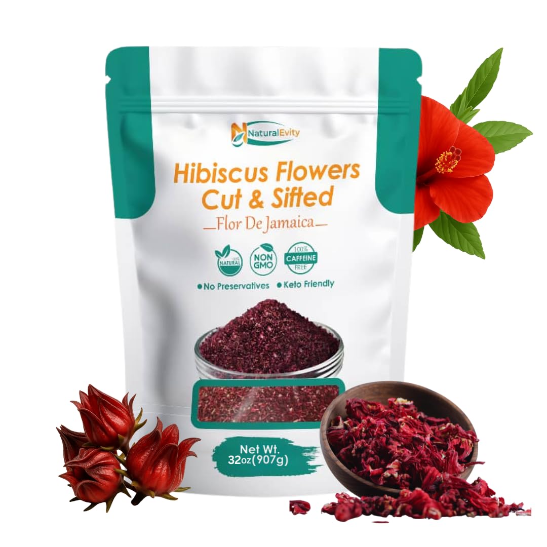 Naturalevity Hibiscus Tea Cut & Sifted (32 Oz) - Flor De Jamaica Herbal Tea Loose Leaf Hibiscus Flowers - Ayurveda Inspired  Agua De Jamaica - Antioxidant-Rich & Refreshing - Perfect For Tea Blends  Syrups & Infusions  Non-Gmo