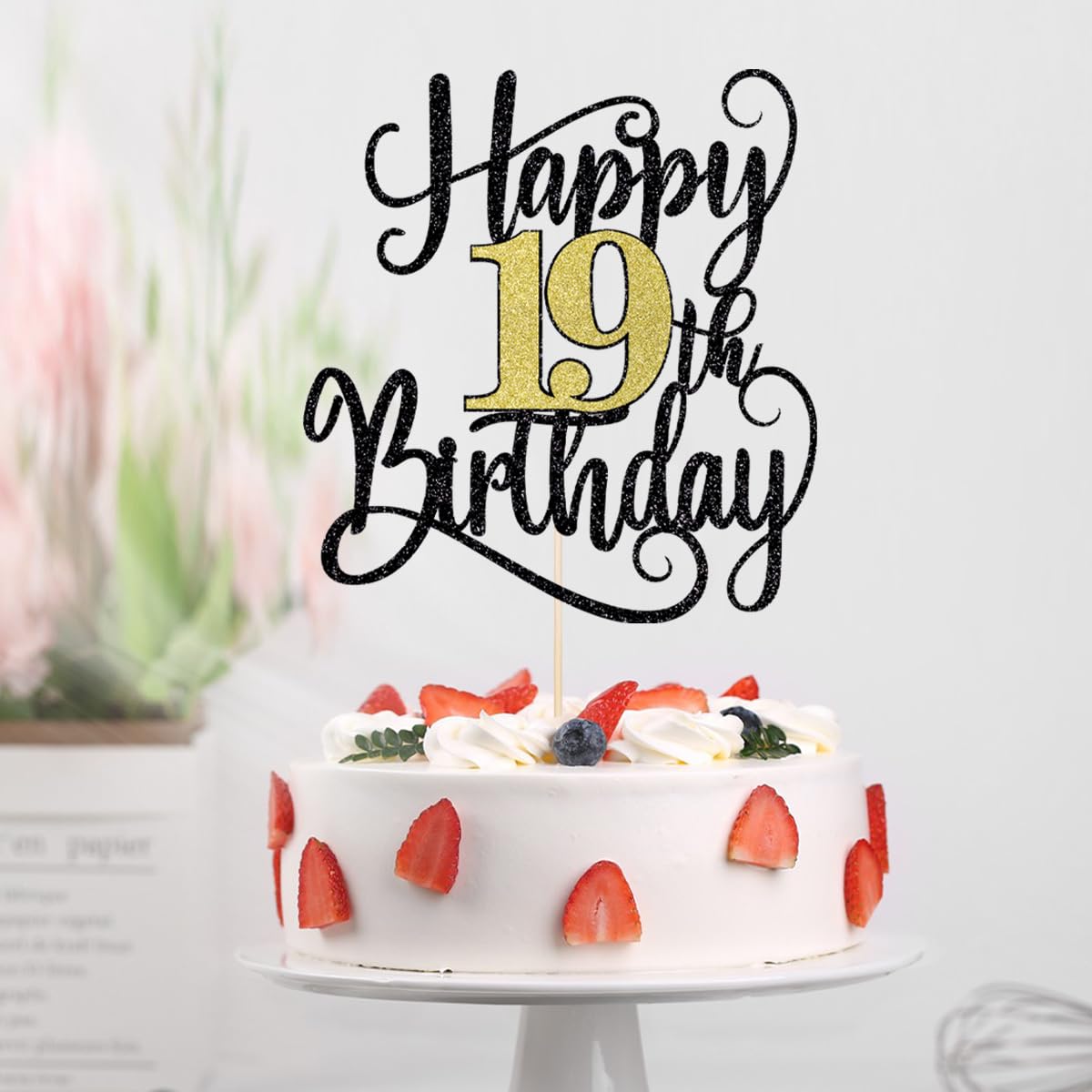 Happy 19Th Birthday Cake Topper, 19 Birthday Party Cake Decorations (Black And Gold Flashes, 19Th)