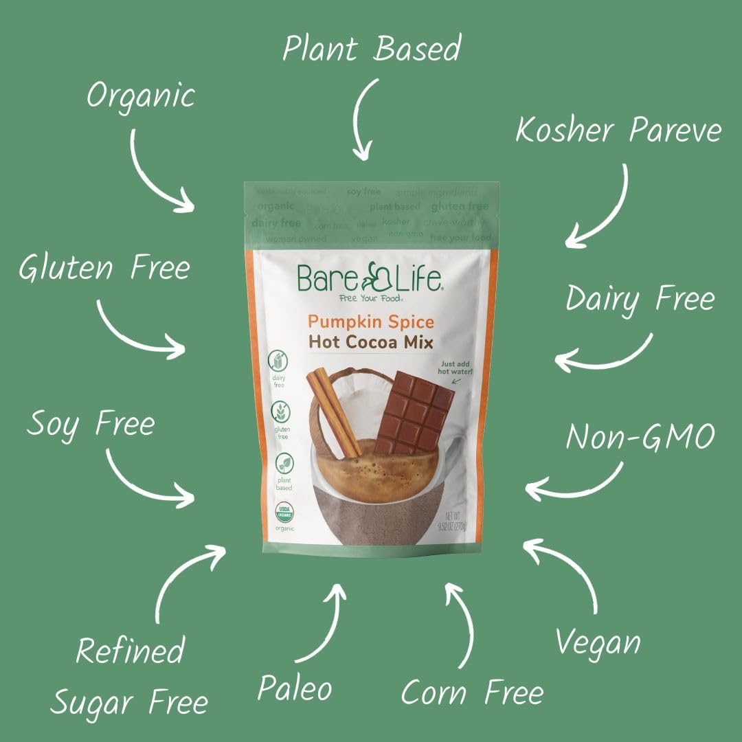 Bare Life: Instant Dairy Free Pumpkin Spice Hot Cocoa Mix - 10 Serving Pouch | Gluten Free, Vegan, Organic, Plant Based, Paleo,