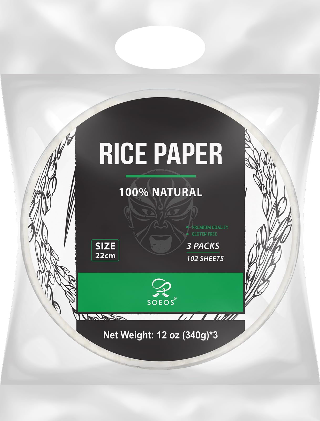 Soeos Rice Paper, White Rice Paper Wrappers, 3 Pack, 34 Sheets-Fresh Spring Roll Wrappers & Dumplings, Non-Gmo, Gluten-Free, Low Carb, Vietnamese Rice Wraps (Round, 22Cm)