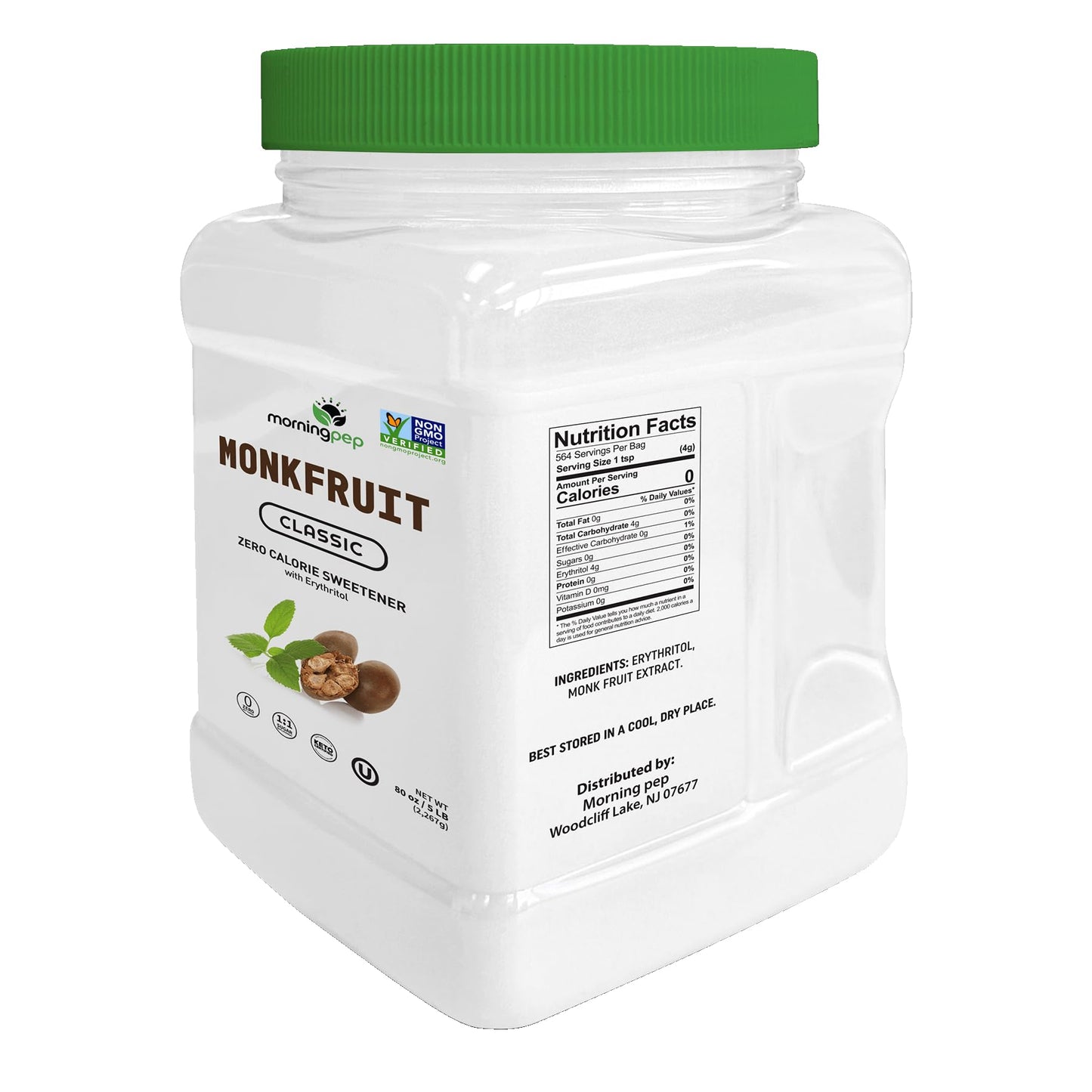 Morning Pep Monk Fruit Sweetener  Classic | White Sugar Substitute  Keto Diet Friendly  1:1 Sugar Replacement  For Baking  Coffee  Tea  Zero Calorie Non Gmo Project Verified  OU Kosher  White - 5 lb