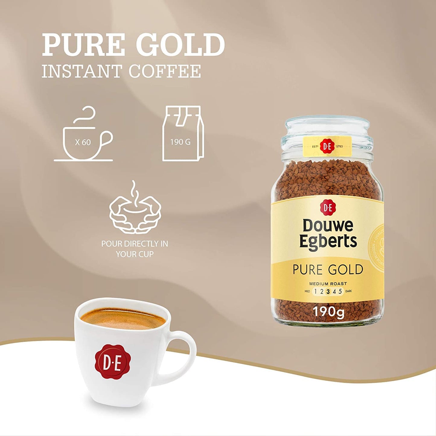 Douwe Egberts Pure Gold Instant Coffee, Medium Roast, 6.7-Ounce, 190G (Packaging May Vary)