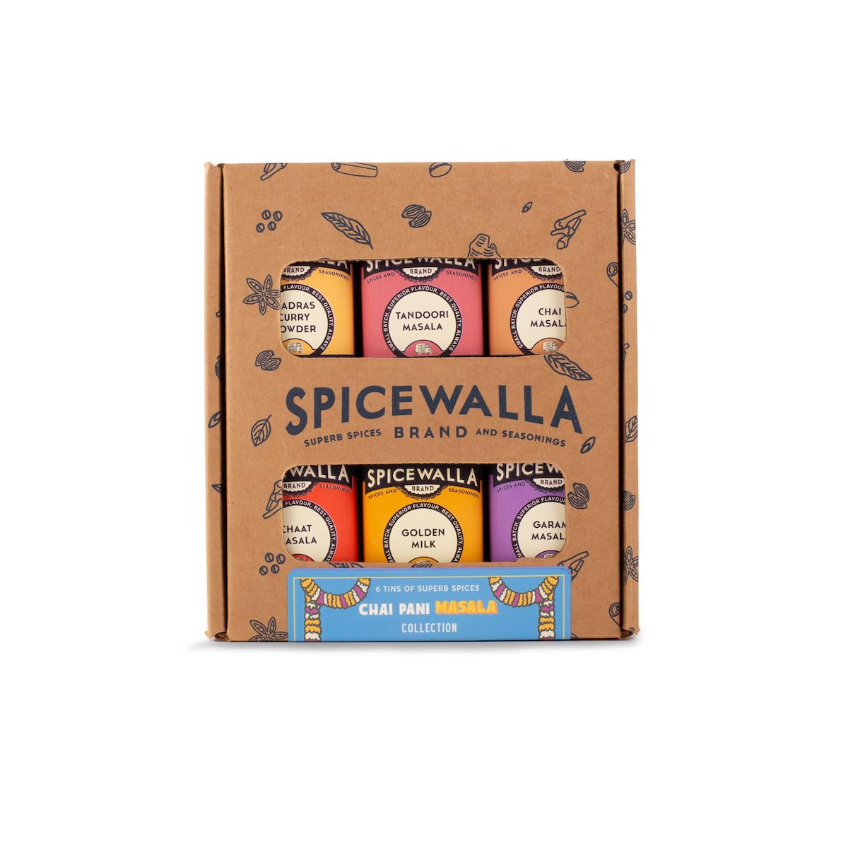 SPICEWALLA Indian Spice Gift Set - 6 Pack, Chai Masala, Tandoori Masala, Garam Masala, Chaat Masala, Madras Curry Powder, 