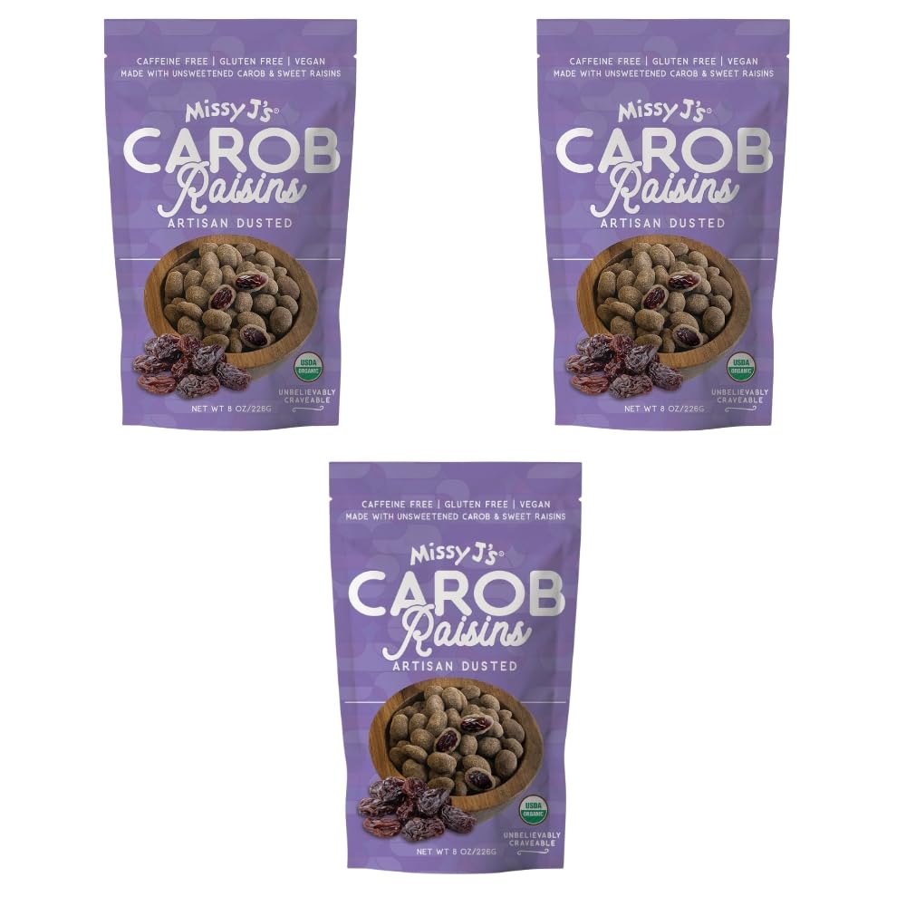 Missy Js Organic Carob Covered Raisins, Vegan, Gluten Free, 8 Oz, 3 Pack