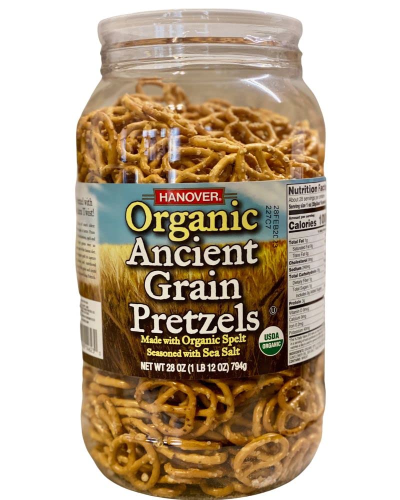 Hanover Organic Ancient Grain Spelt Sea Salt Pretzels Low Fat Cholesterol Trans Fat Free Party Snacks Resealable Container 28 oz