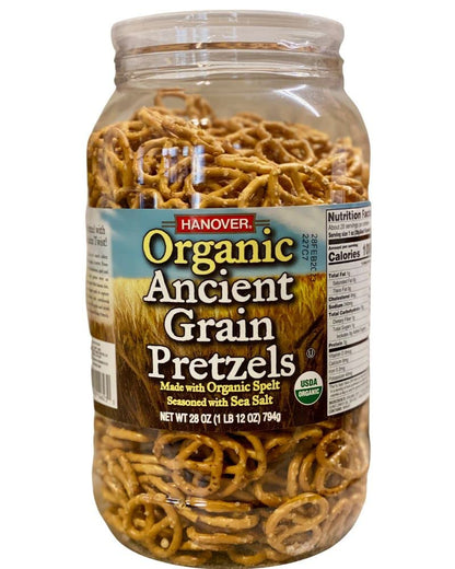 Hanover Organic Ancient Grain Spelt Sea Salt Pretzels Low Fat Cholesterol Trans Fat Free Party Snacks Resealable Container 28 oz