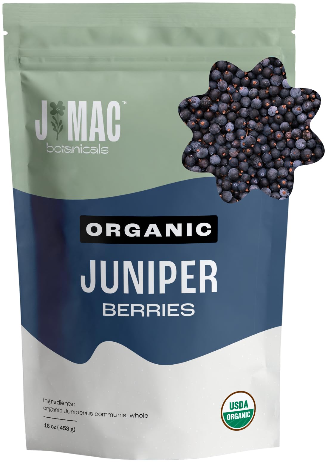 J MAC BOTANICALS Organic Whole Juniper Berries, 16 Ounce, Certified USDA Organic for Infusions and Seasoning