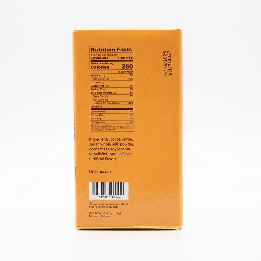 Onaani Milk Chocolate 45g - Premium Lebanese Chocolate Bar