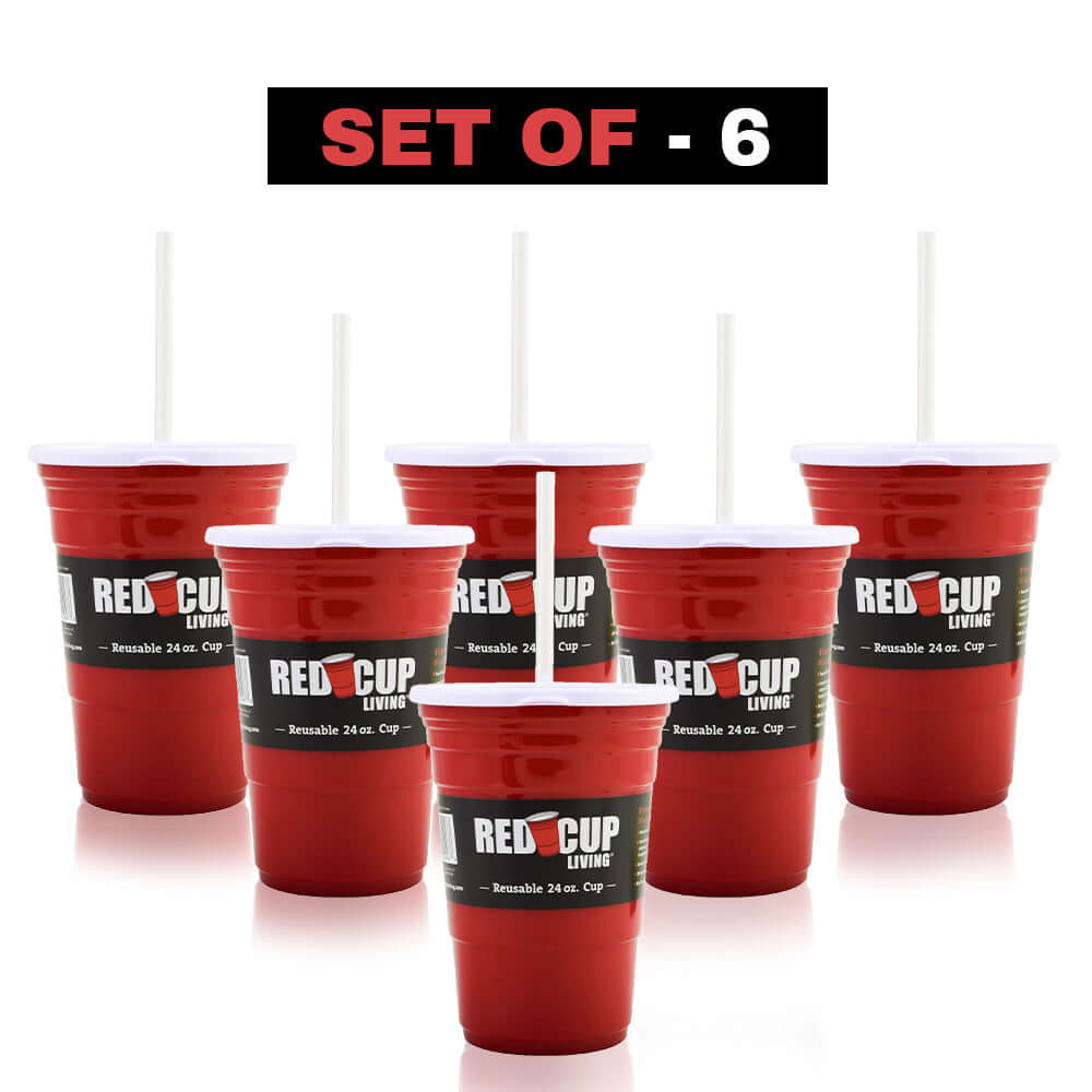 24oz Reusable Red Party Cups & Lids w/ Straws