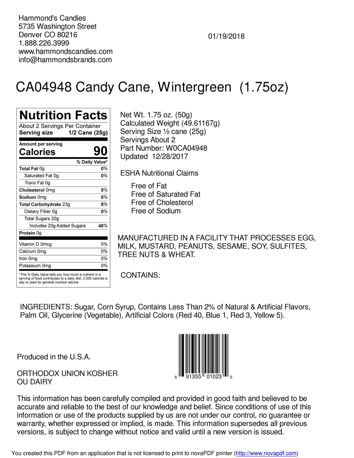 Hand-Spun Jumbo Candy Cane - Spearmint / Wintergreen -1.75oz
