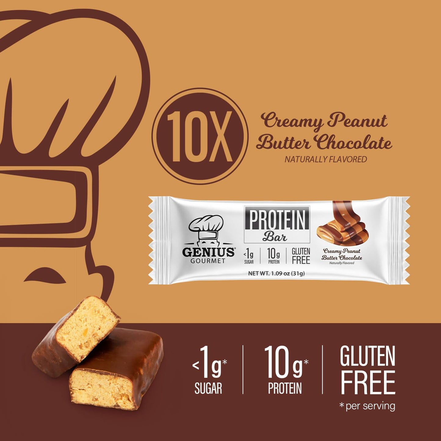 Genius Gourmet Protein Bar, Chocolate Peanut Butter, Keto Snack, Low Carb, Low Sugar & Gluten Free, Protein Snacks For Mature-Themeds, 10G Of Whey Protein Per Protein Bar, 5 Net Carbs, 10 Count