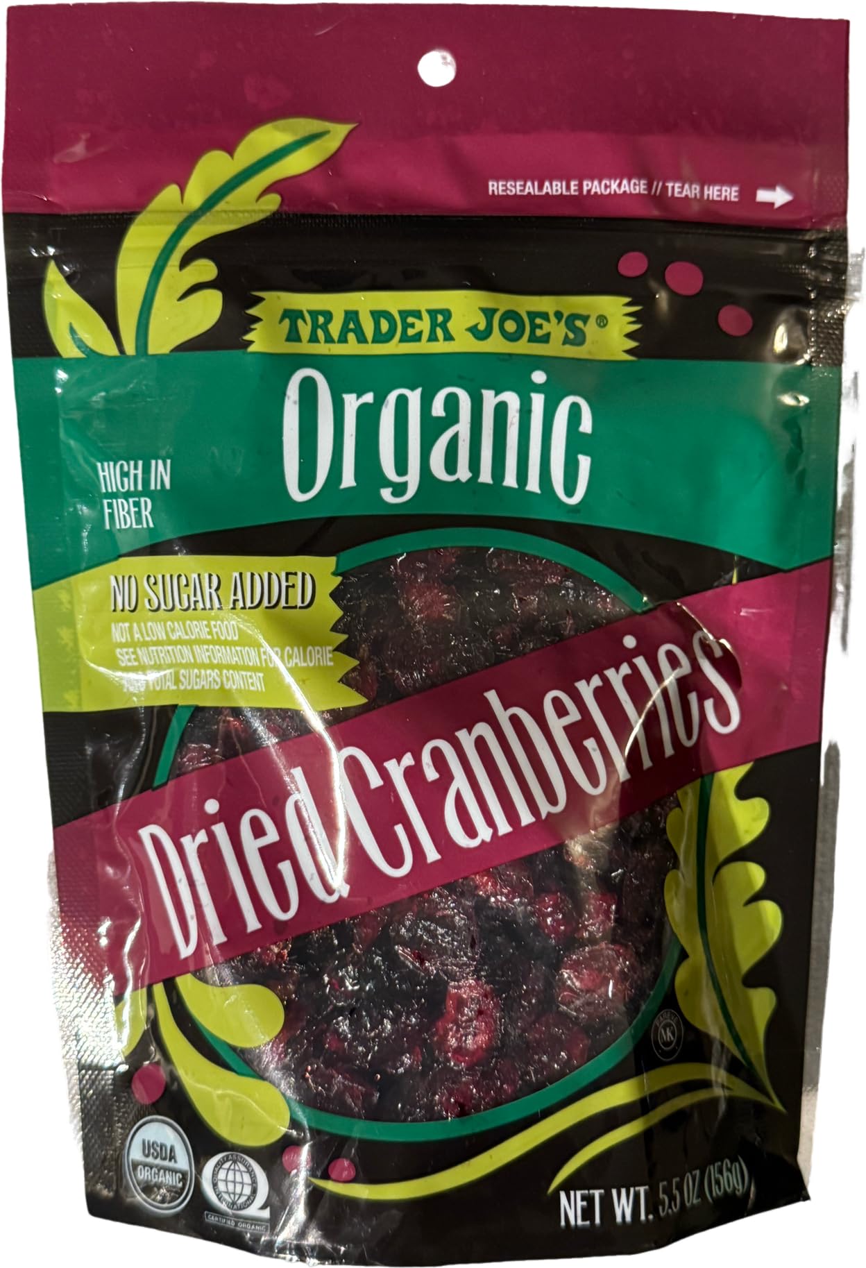 Trader Joes Organic Dried Cranberries, No Sugar Added, High In Fiber (5.5 oz)