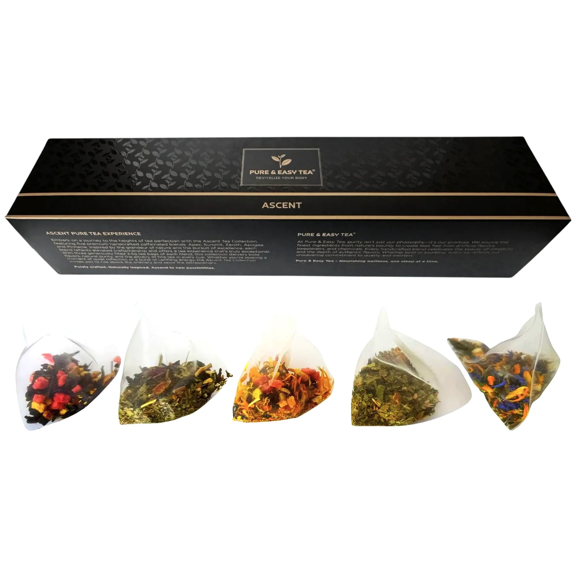 Pure And Easy Tea, Ascent Enhanced Tea Sampler, 15-Count Variety With 5 Caffeinated Flavors, Natural Loose Leaf Blends In Bpa-Free Pyramid Bags, Gift Box, 52.5G
