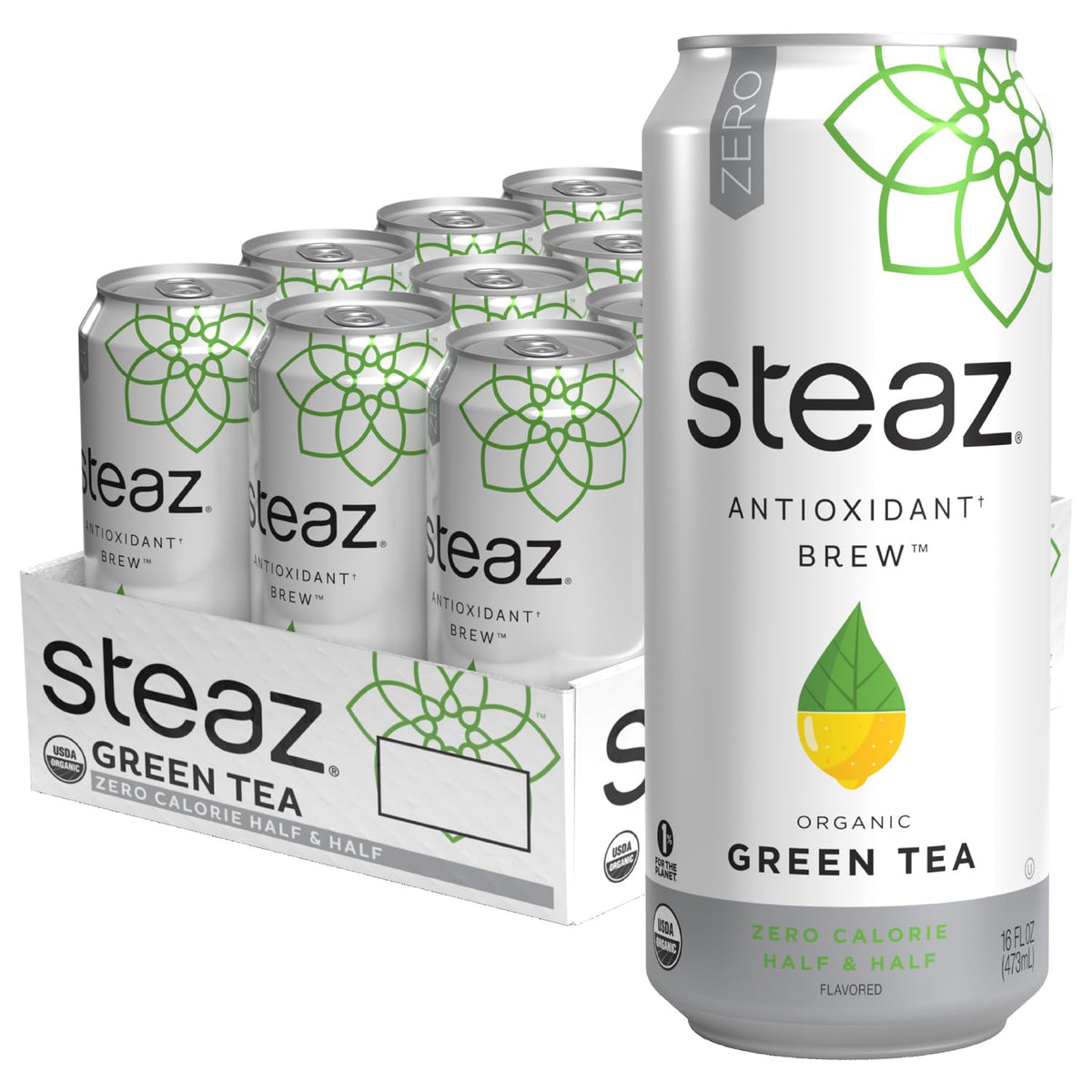 Steaz - Organic Green Tea - Zero Calorie Half & Half (12 Pack) - Antioxidant Brew - 65mg Natural Caffeine, Vitamin C - Stevia Sweetened Iced Tea - Vegan, Fair Trade - 12 Cans, 16 fl oz (473mL)