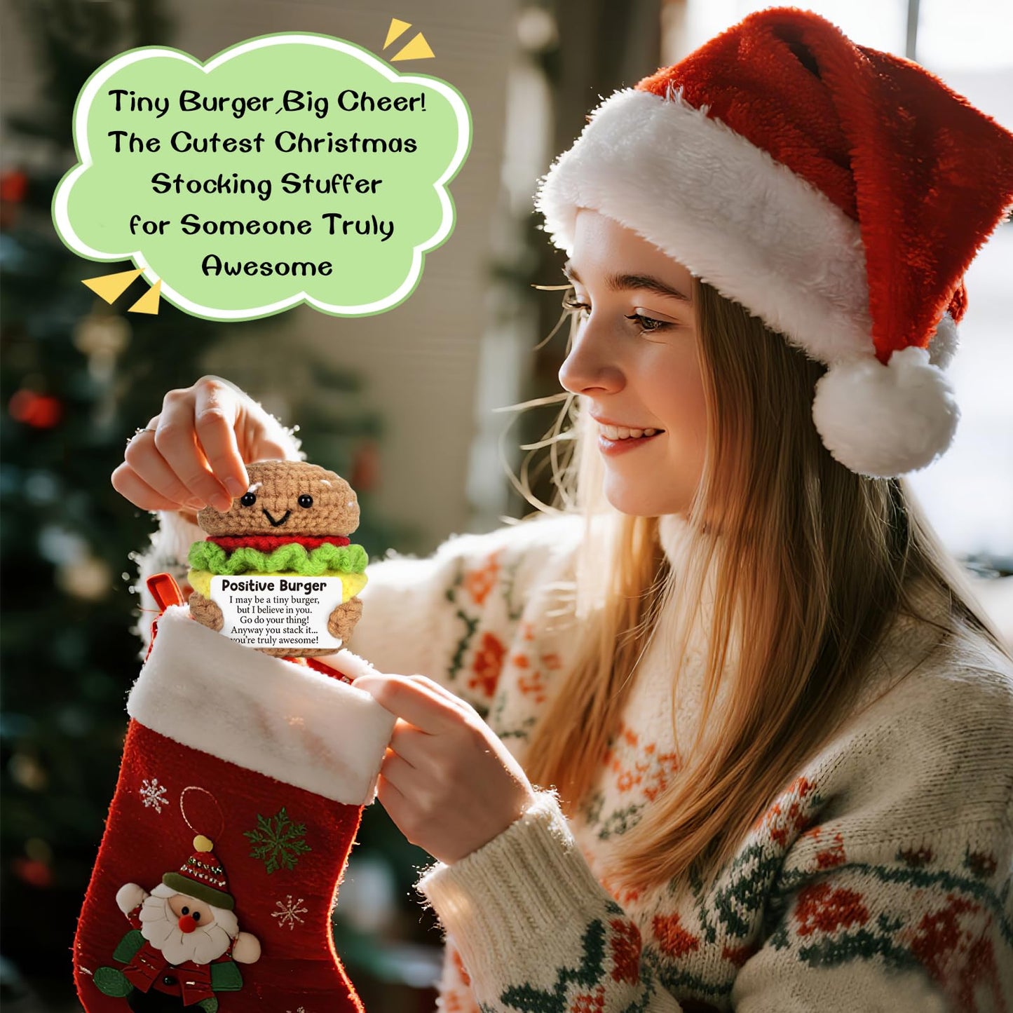 AVBODA Mini Inspirational Positive Burger Cute Handmade Crochet Cheeseburger for Birthday Christmas Back to School Encouragement