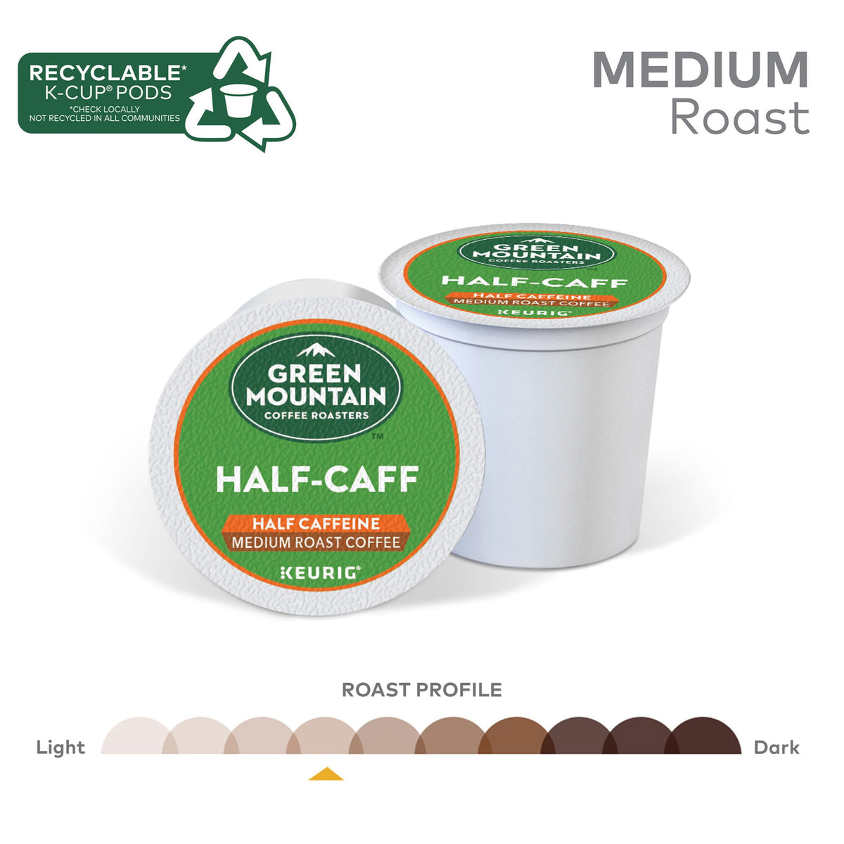 Green Mountain Coffee Roasters Half Caff K-Cup Pods, Medium Roast, 72 Count, Green, Model 5000054102