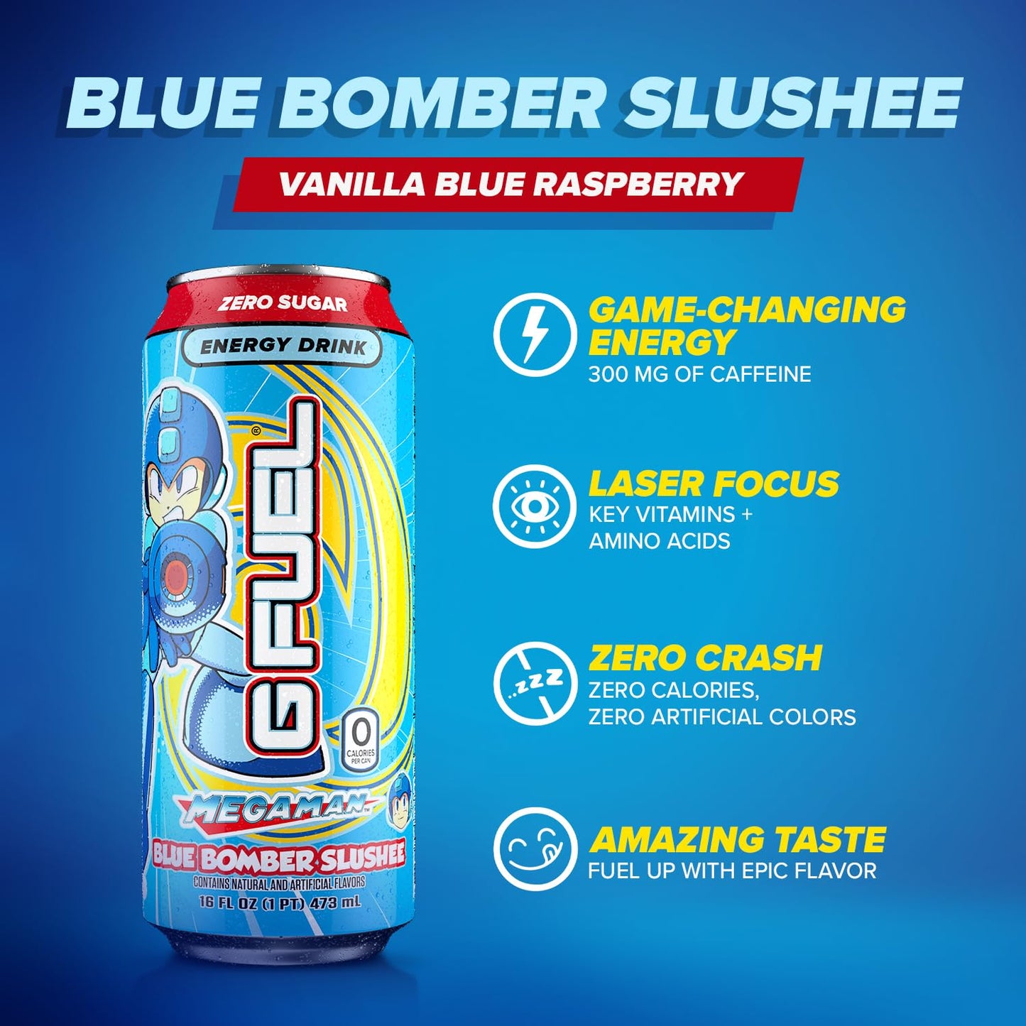 G Fuel Energy Drink, Blue Raspberry, Sugar Free, 300mg Caffeine, 16 oz Cans, 12-Pack
