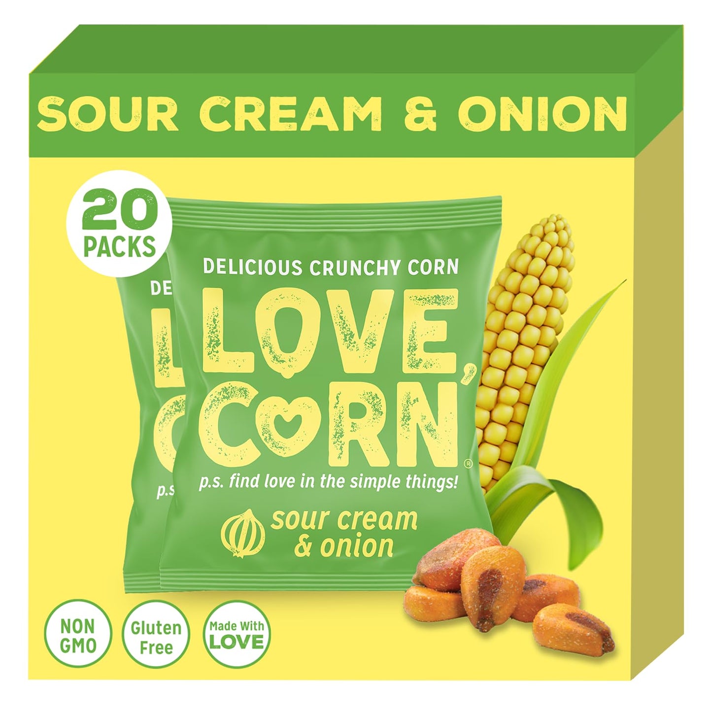 Love Corn Crunchy Corn Snacks, Sour Cream & Onion, 0.7oz Pack of 20, Gluten Free, Kosher, Non-GMO