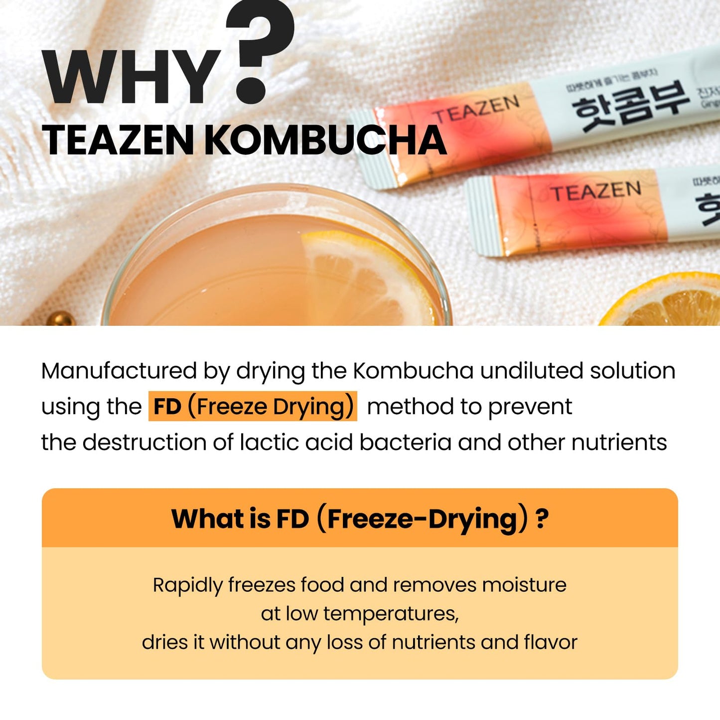 TEAZEN Lemon Ginger Kombucha Tea, Probiotics & Postbiotics, Zero Sugar, Low Caffeine, 10 Sticks, 1.76oz