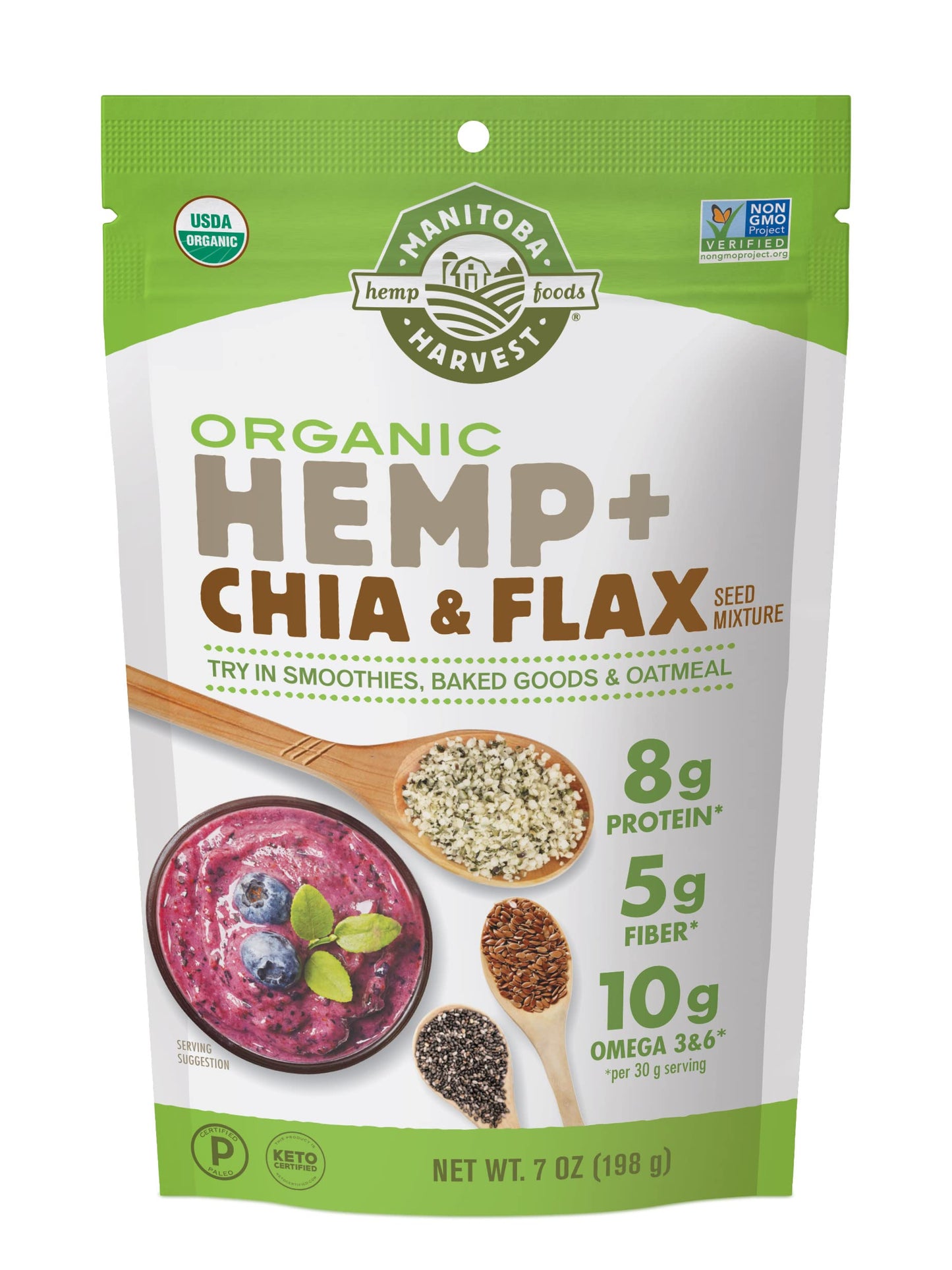 Manitoba Harvest Organic Hemp and Chia and Flax, 7 oz, 8g Plant Based Protein, 5g of Fiber per Serving, Vegan, Keto, Paleo, Omeg