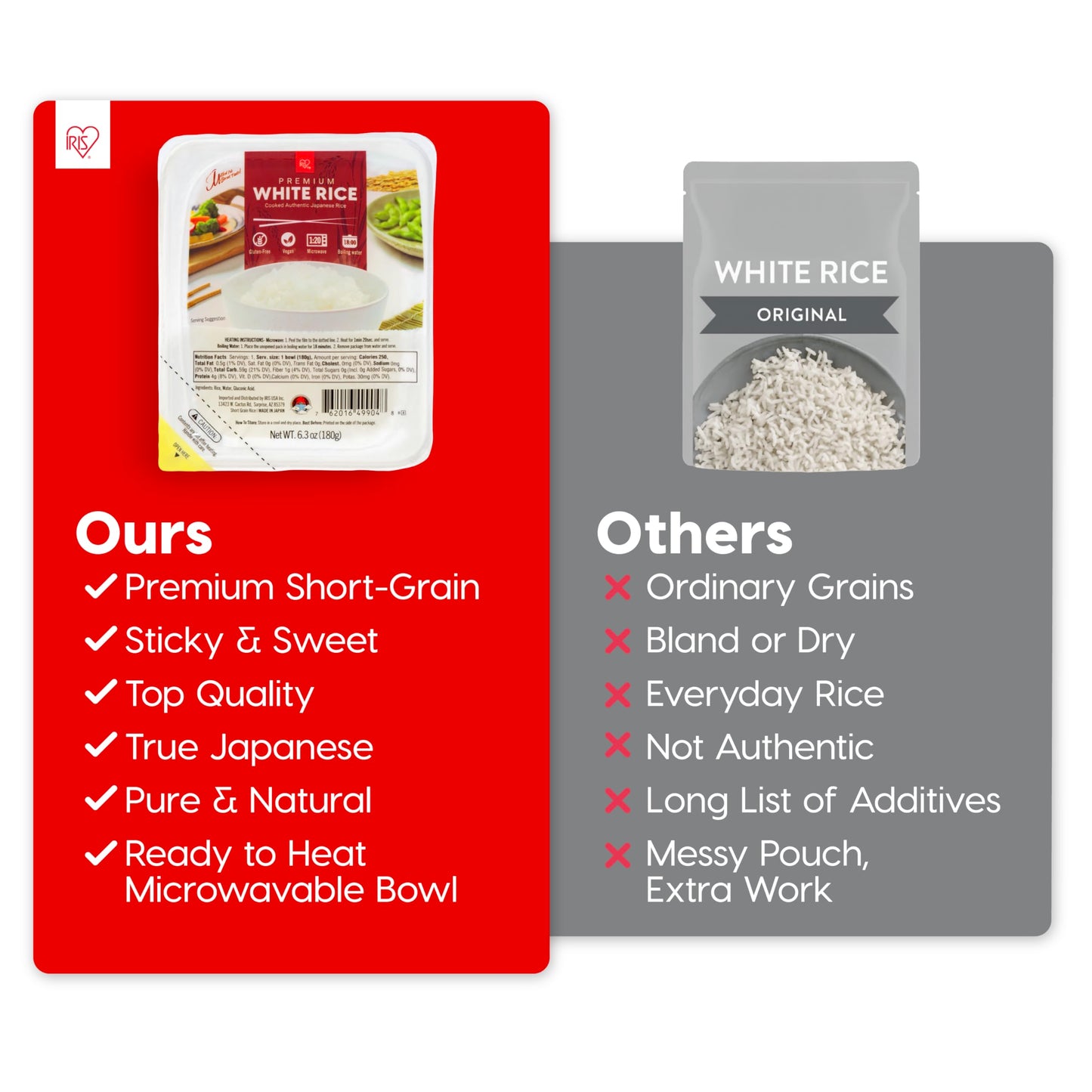 IRIS Instant White Rice (24 Pack)  Ultra enhanced Japanese Short Grain Sushi Sticky Rice  Microwave for 80 seconds (1.2 Minutes)  Gluten Free Vegan  Grown Polished and Packed in Japan