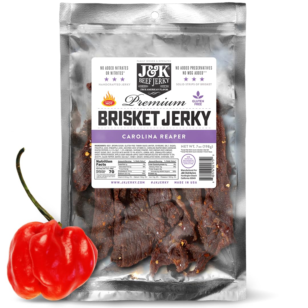 J&K Jerky Carolina Reaper Beef Brisket Jerky - Small Batch American Made Slab Beef Jerky's Spicy and Savory Snack with a Kick - 