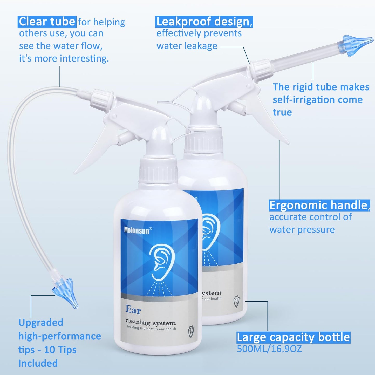 EPOBOO Ear Wax Removal Kit - 500ml Spray Bottle, 23 Piece Set, Safe & Effective with Reusable Tips, White & Blue