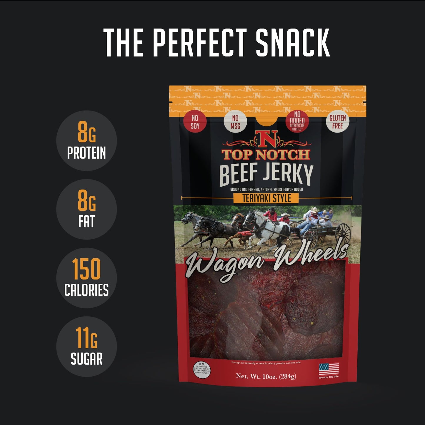 Top Notch Jerky Beef Jerky - Teriyaki Flavor - High Protein Snack - 10 oz Bag