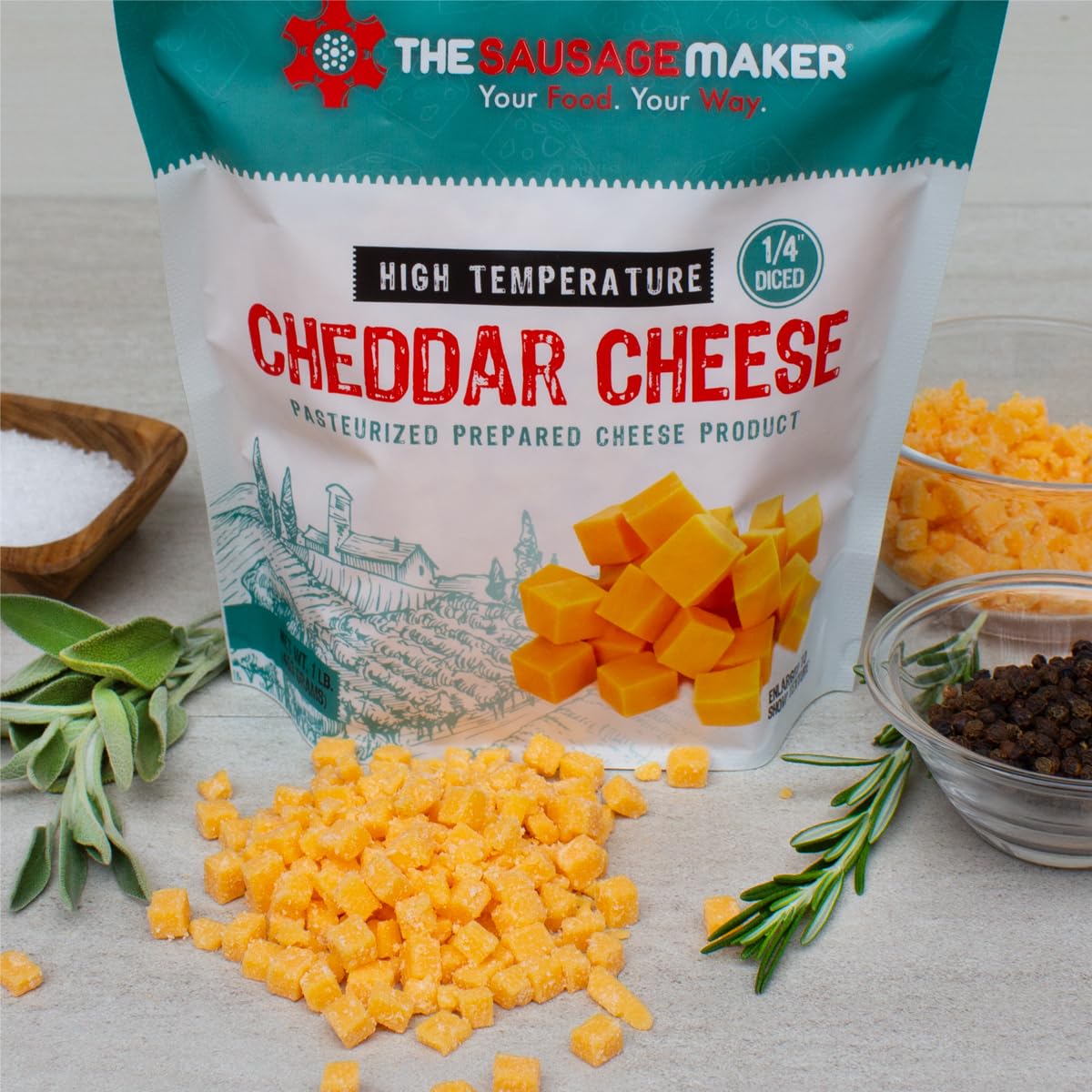 The Sausage Maker High Temp Cheddar Cheese, 1 Lb Diced Cube, 400°F Heat Resistant for Sausage Making and Grilling