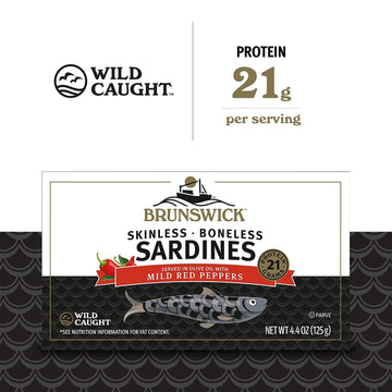 Brunswick Wild Caught Skinless And Boneless Sardines, Served In Olive Oil With Mild Red Peppers, 4.4 Oz