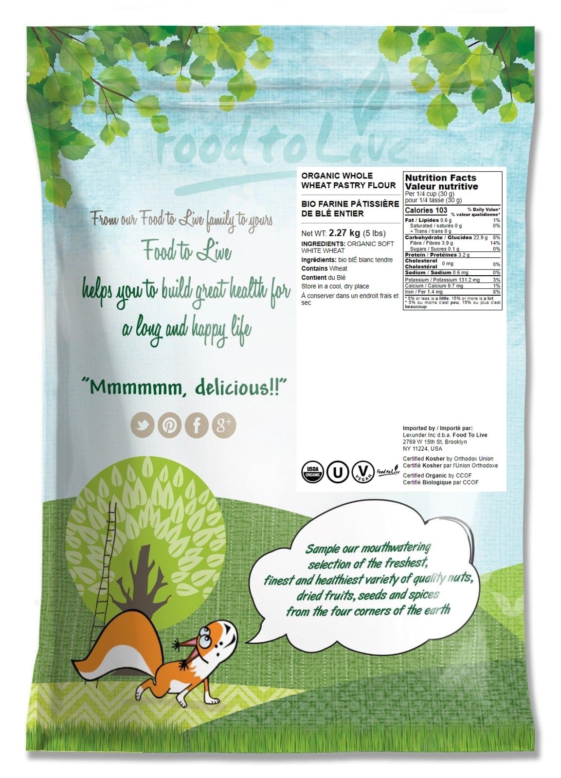 Food to Live - Organic Whole Wheat Pastry Flour, 5 Pounds - Non-GMO, Finely Ground, Unbleached, Unbromated, Vegan, Kosher, All N