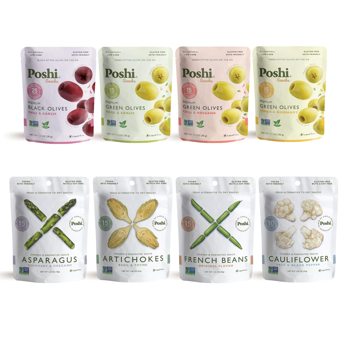 OLOVES + POSHI Combo Pack | Natural Whole Pitted Olives 4 Flavor Variety | Poshi 4 Flavor Variety | Vegan, Kosher, Gluten Free +