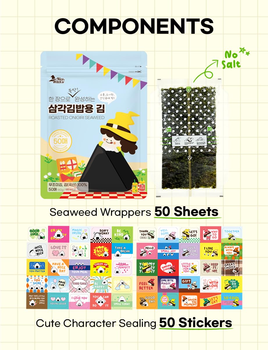 [50 sheets] Nice witchs Sea Wrappers for Triangle Rice Ball - Korean Gimbap Nori  Onigiri Sheets for Easy Homemade Cooking