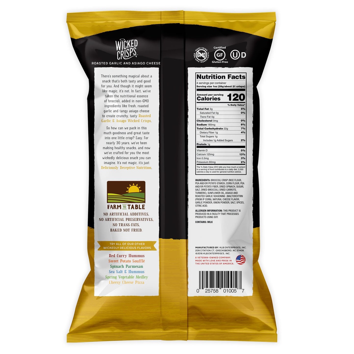 Wicked Crisps Baked Veggie Chips - Roasted Garlic & Asiago Cheese, Gluten Free, 4oz Party-Size Bag (4 Pack)