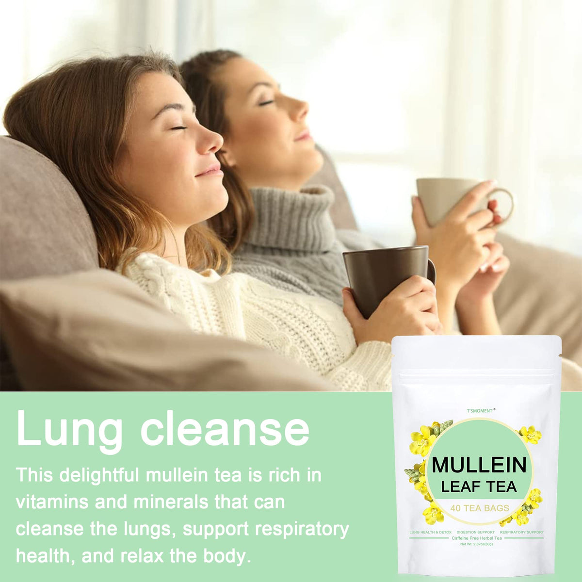 TSMOMENT Mullein Leaf Tea Bags - Herbal Tea, Caffeine Free, 40 Count