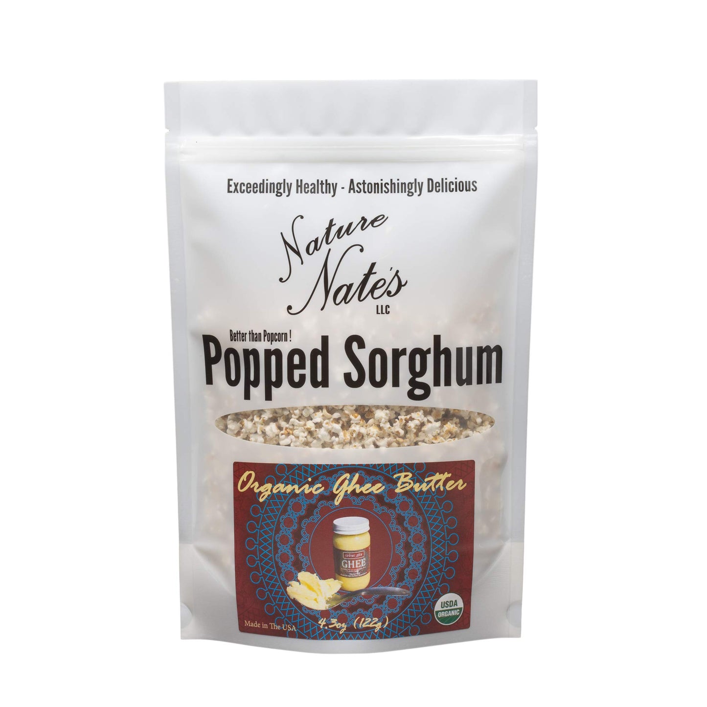Nature Nates Popped Sorghum, Organic Ghee Butter - Organic, Keto & Gluten Free, Healthy Snacks, Better Than Popcorn, Made In Usa