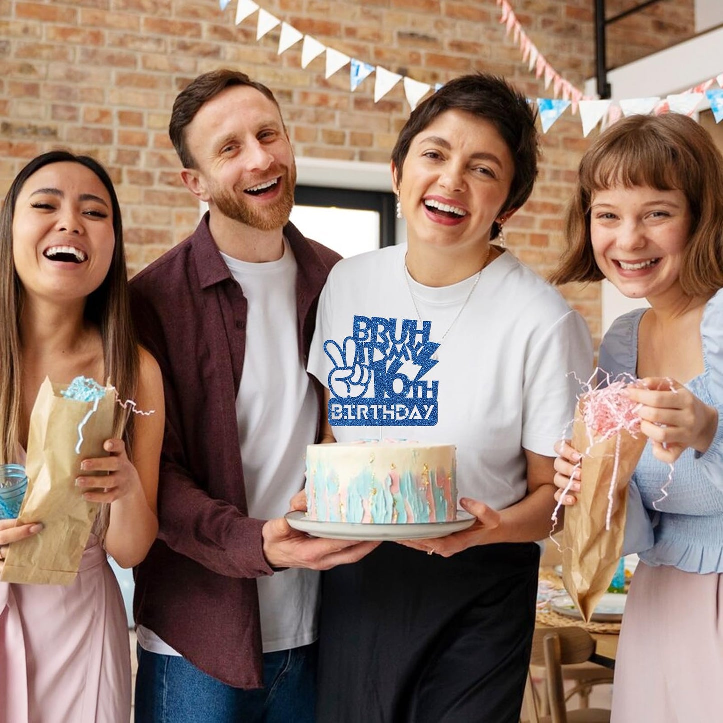 Embhhor Bruh It'S My 16Th Birthday Cake Topper, Bro I'M 16, Teen Boys Happy 16 Birthday Party Cake Decorations Favor, Blue Glitt
